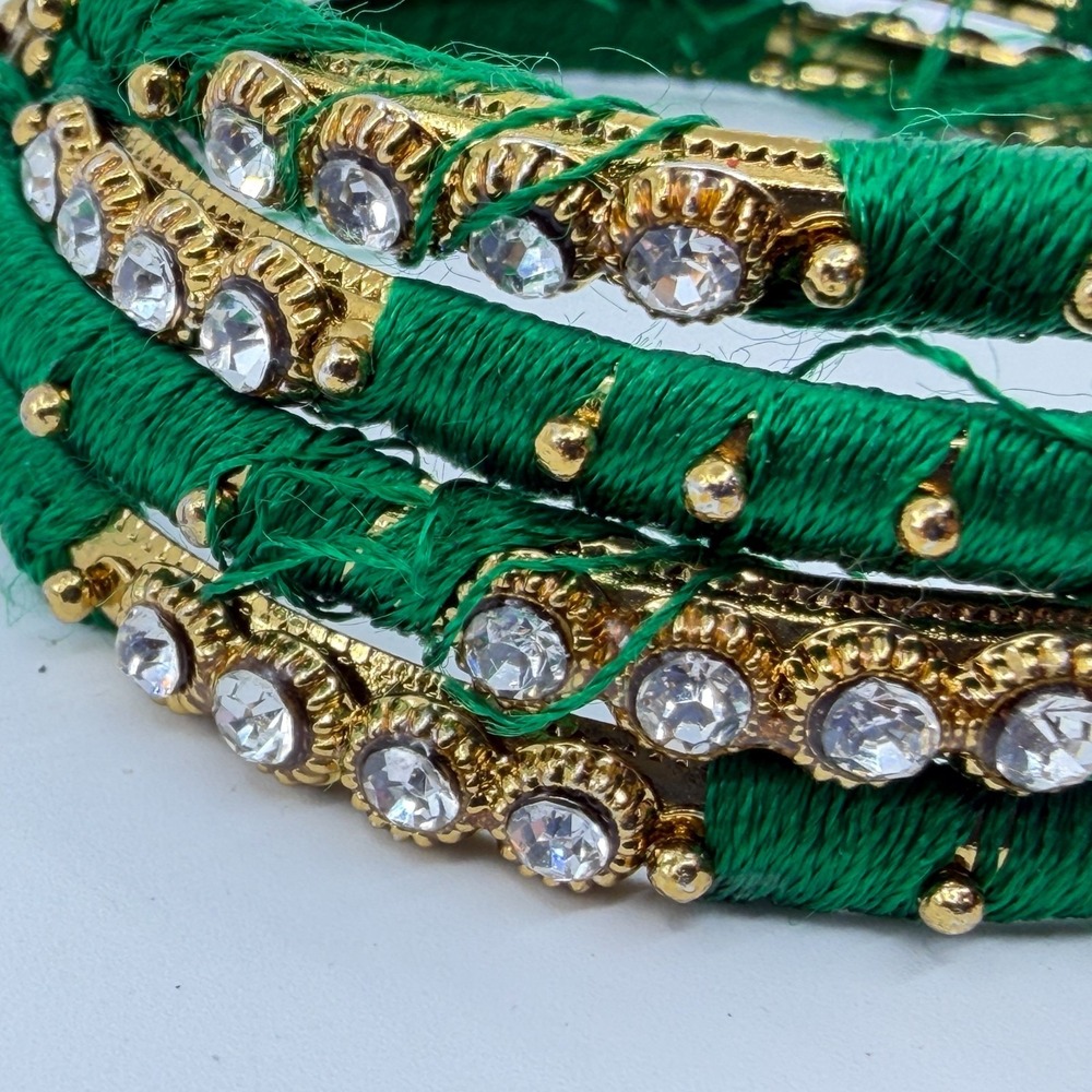 Y2K Emerald Green Rhinestone & Gold-Tone Thread-Wrapped Bangle Set - Picture 6 of 11